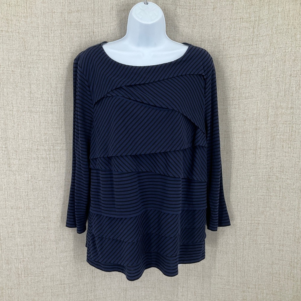 Chico's Tiered Top‎ Women 2 Navy Blue Striped Knit Layered Scoop Neck 3/4 Sleeve